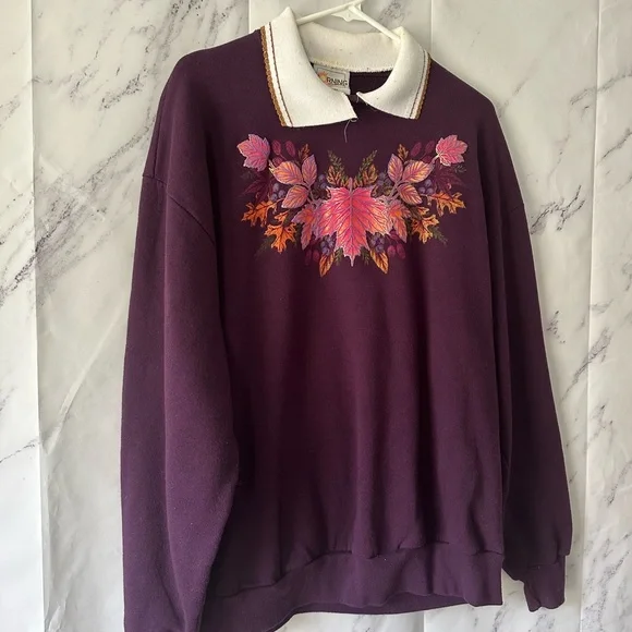 VINTAGE 90s COLLARED SWEATSHIRT FALL LEAF DESIGN PURPLE LARGE MADE IN USA - Picture 2 of 9